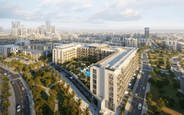 Modern urban apartments with swimming pool against the backdrop of the city panorama and green spaces.