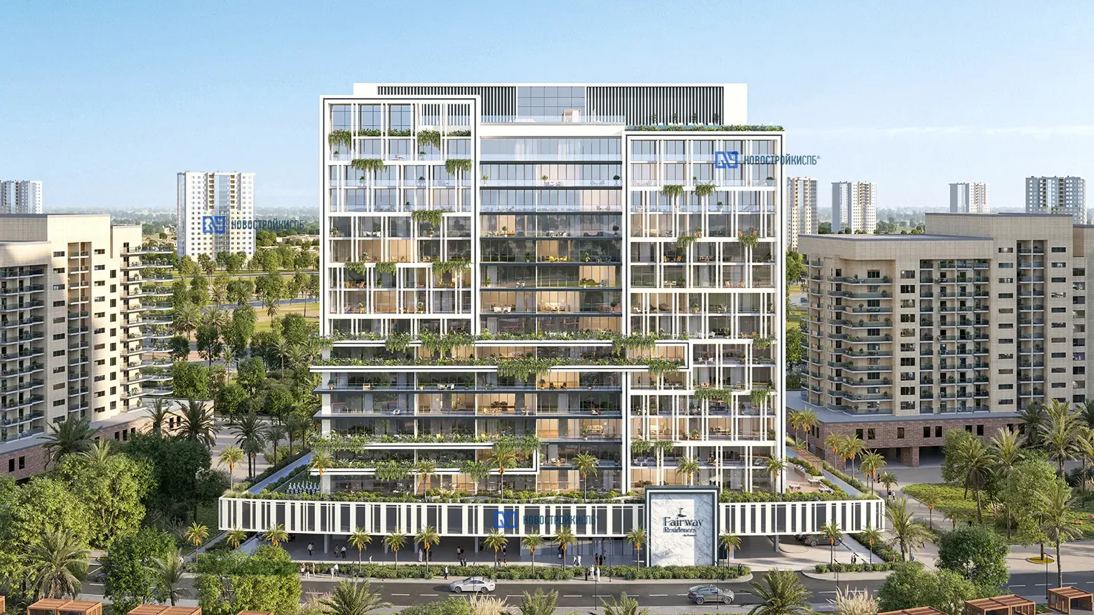 Modern residential complexes with landscaped balconies and palm trees against the blue sky and city panorama.