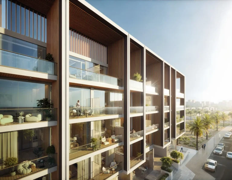 Modern residential building with balconies and palm trees outside, sunlit, cityscape.