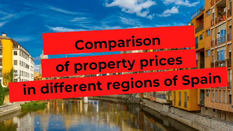 Image with text: Comparison of real estate prices in different regions of Spain against the backdrop of a picturesque cityscape.