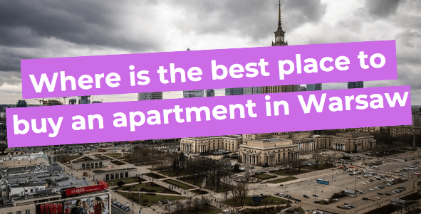 Image text: Where is the best place to buy an apartment in Warsaw against the backdrop of a cityscape with skyscrapers.