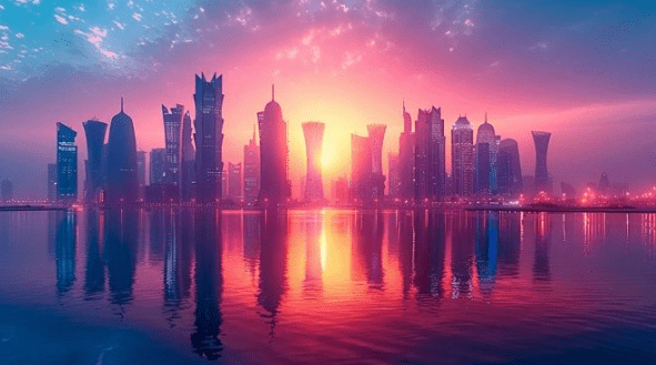 Tekst tegen de achtergrond van zonsondergang: het proces van het kopen van onroerend goed in Qatar voor buitenlanders.