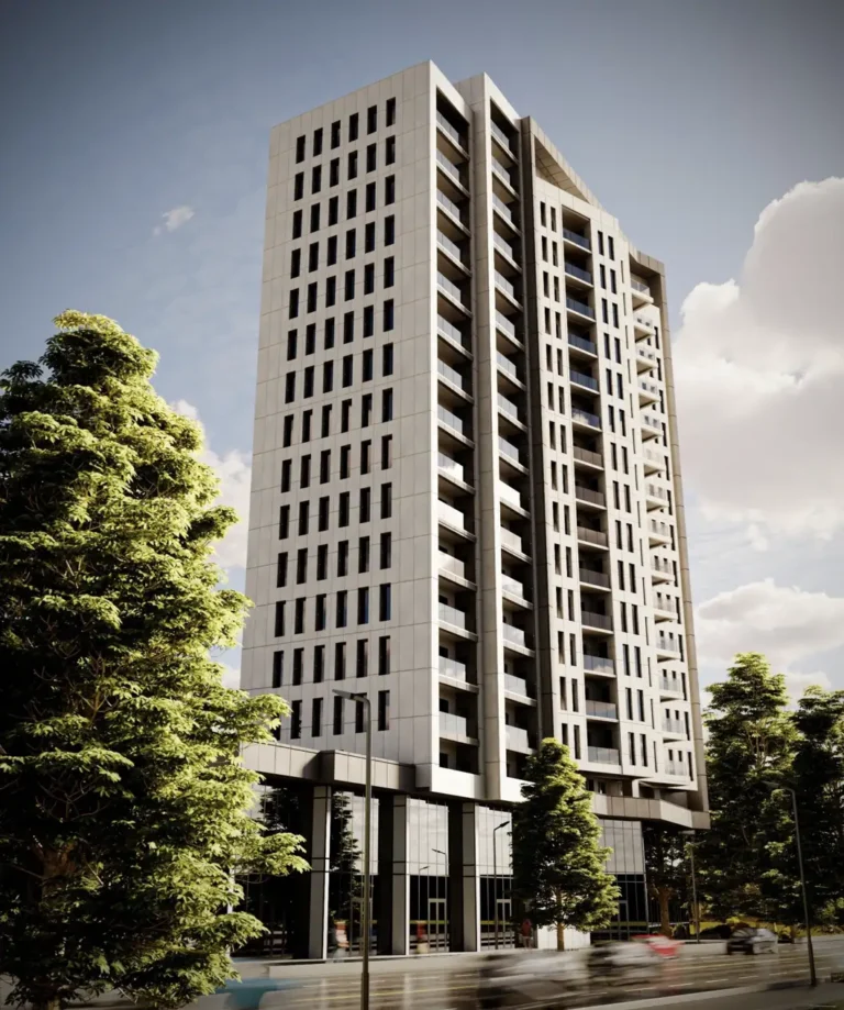 Modern residential high-rise building with balconies and windows, surrounded by trees and urban architecture.