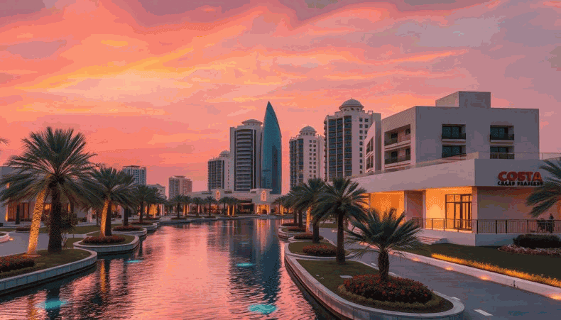 Ciudad moderna con rascacielos al atardecer, reflejo en el agua, palmeras a lo largo del canal.