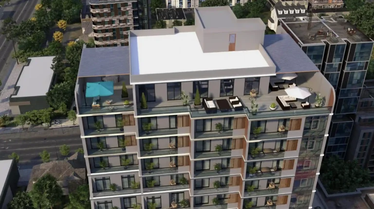 Residential high-rise building with roof terraces and greenery, top view. Urban landscape.