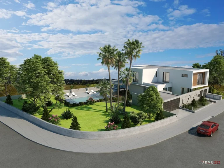 Casa moderna con piscina y jardín sobre un fondo de cielo azul y nubes.