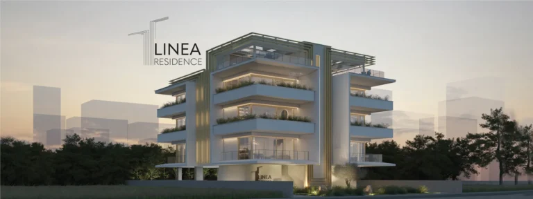 Современное здание Linea Residence на фоне вечернего неба и деревьев, освещённое мягким светом.