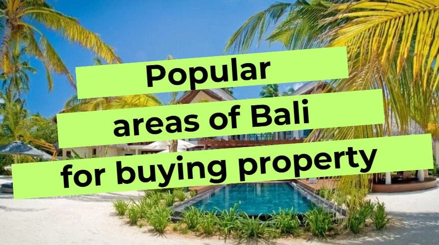 Popular areas of Bali for buying real estate. Tropical view with palm trees and swimming pool.