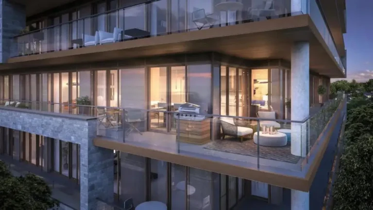 Modern apartment with spacious sunset terrace, glass walls, outdoor furniture.