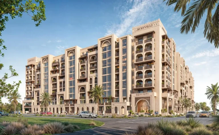 A modern Oriental-style residential building with palm trees and cars against a blue sky.