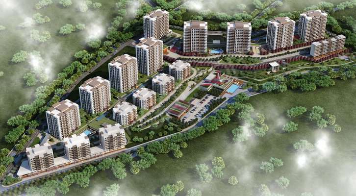 Residential complex amidst greenery with apartment buildings, swimming pool and infrastructure, top view.