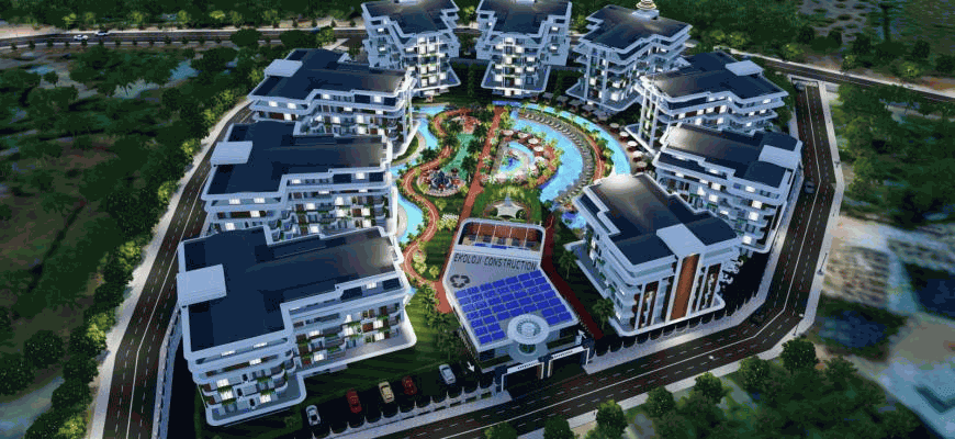Modern residential complex with swimming pools and landscaping, views from above at night, architectural design.