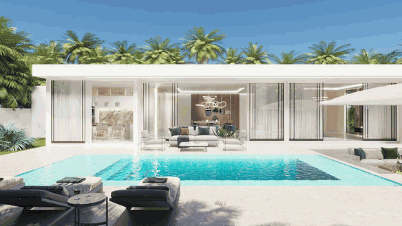 Villa moderna con piscina y palmeras al fondo, día soleado, vacaciones de lujo.