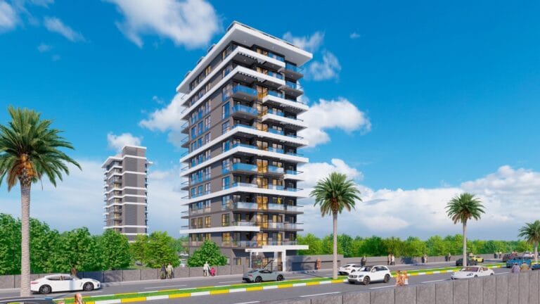 A high-rise building with a modern design against a backdrop of blue skies and palm trees.