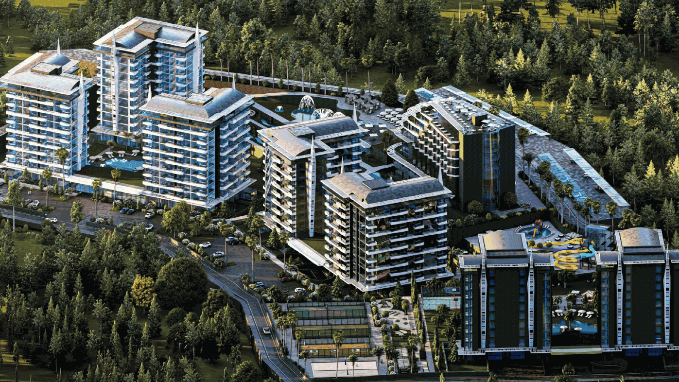 Modern residential complex surrounded by forest with swimming pools and parking lots, view from the top.
