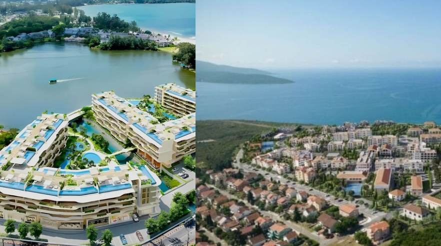 Imagem que compara a compra de imóveis na Tailândia e no Montenegro: vistas urbanas e costeiras.