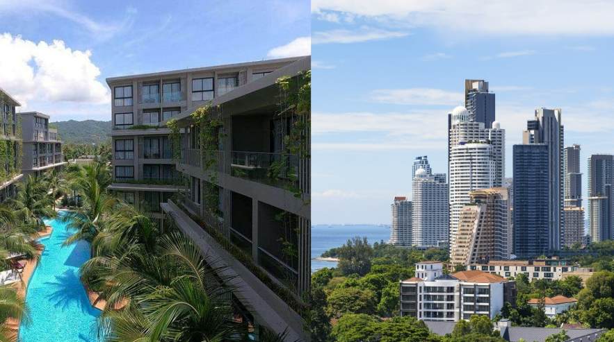 Imagem com texto: Phuket vs Pattaya - onde comprar um imóvel? Edifícios, piscina e paisagem urbana.