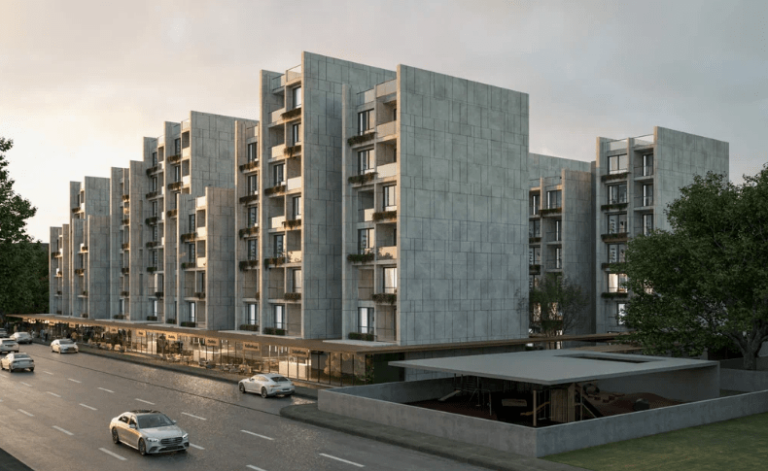 Bâtiment résidentiel moderne avec façade en béton dans un environnement urbain, voitures sur la route.