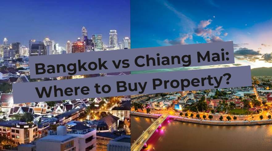 Image comparing real estate in Bangkok and Chiang Mai with nighttime cityscapes.