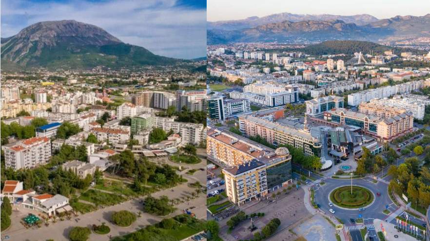 Imagem com a legenda: Bar vs Podgorica: Onde comprar um imóvel? sobre o fundo de vistas destas cidades.