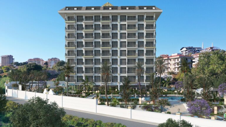 Modern apartment building overlooking the pool and garden, surrounded by palm trees and flowers in the background of other houses.